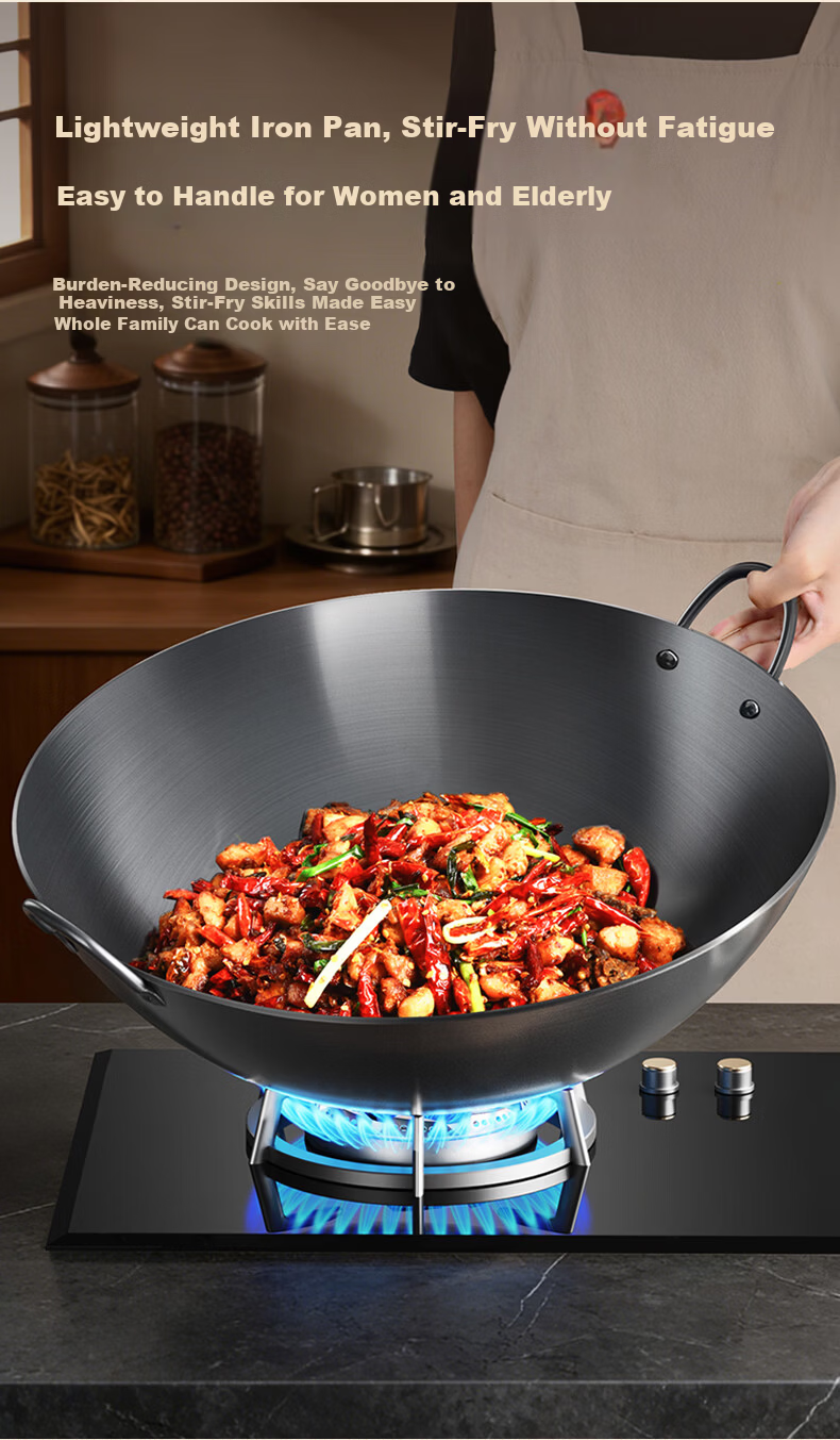Sacon Commercial Double-Handle Iron Wok Hand-Forged Stir-Fry Pan No Coating Home Cooking Round Bottom Gas Stove 60cm with Lid 10