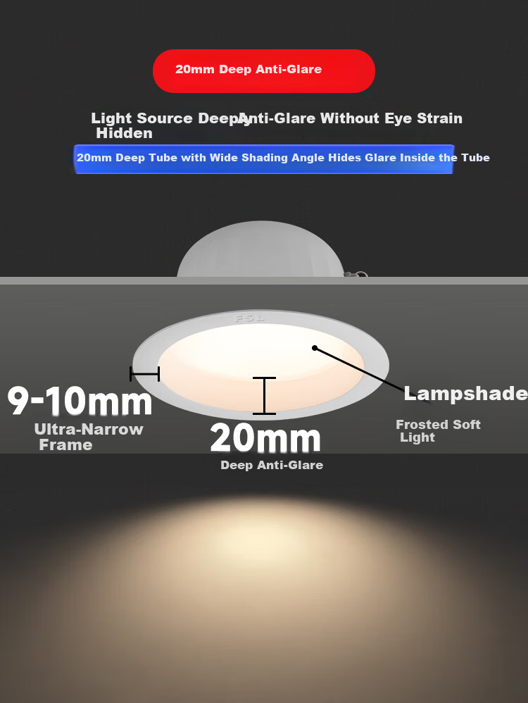 FSL Foshan Lighting LED Deep Anti-Glare Recessed Downlight Non-Main Light Home Living Room Ceiling Hole Light 6W Warm White Opening Size φ75mm 3