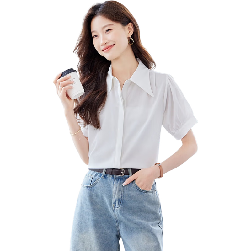 Jeanswest Women's Summer Vintage High-End Short Sleeve Loose Fit Versatile Professional Solid Color Shirt, Rose Red, Size L
