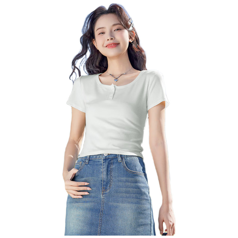Baleno U-Neck Button-Up Short-Sleeve T-Shirt for Women, New Summer 2025 Style, Pleated Fashionable Thin Fitted Short Top Tee