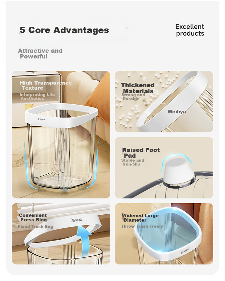 Meiliya Living Room High-Value 12L Trash Can 2025 New Transparent Large Household Kitchen Bathroom 2