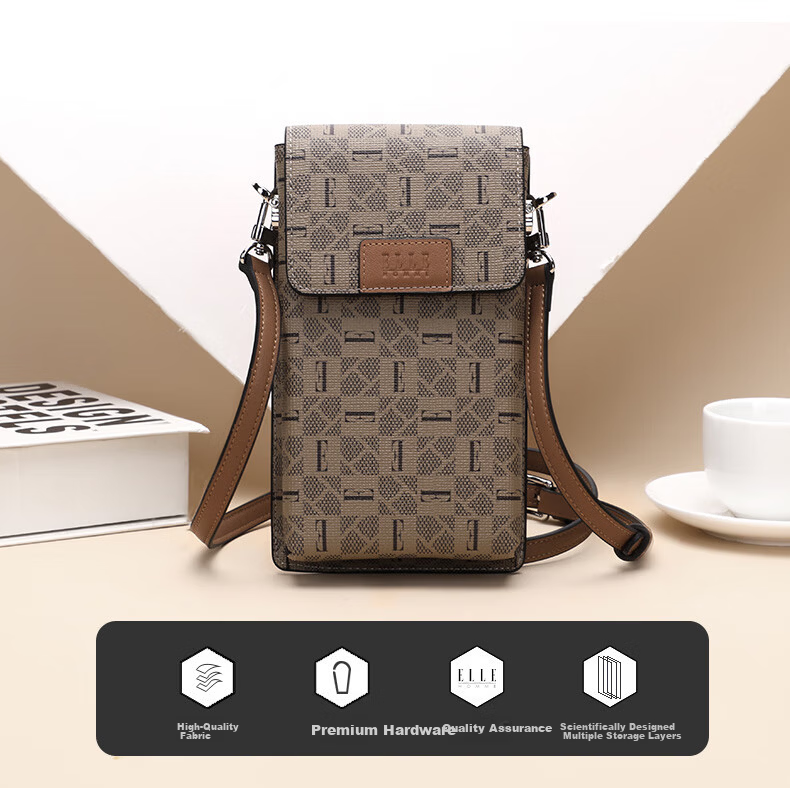 ELLE HOMME Fashion Single Shoulder Crossbody Bag Trendy PVC Leather Phone Bag Casual Unisex Small Shoulder Bag 3031 Dark Coffee 2