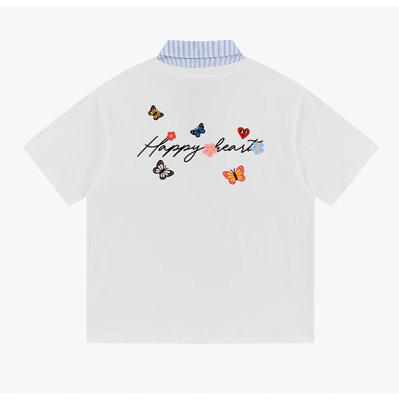 Charles Heart-Shaped False Two-Piece Cotton Couple Short Sleeve Polo Shirt with Butterfly Print Navy Blue S 20