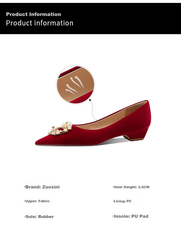 Josiny Chinese Style Wedding Shoes for Women, Xiuhé Main Wedding Dress, Dual Wear, Comfortable, Red Pointed Low Heel Bridal Shoes, Red, Size 36 2