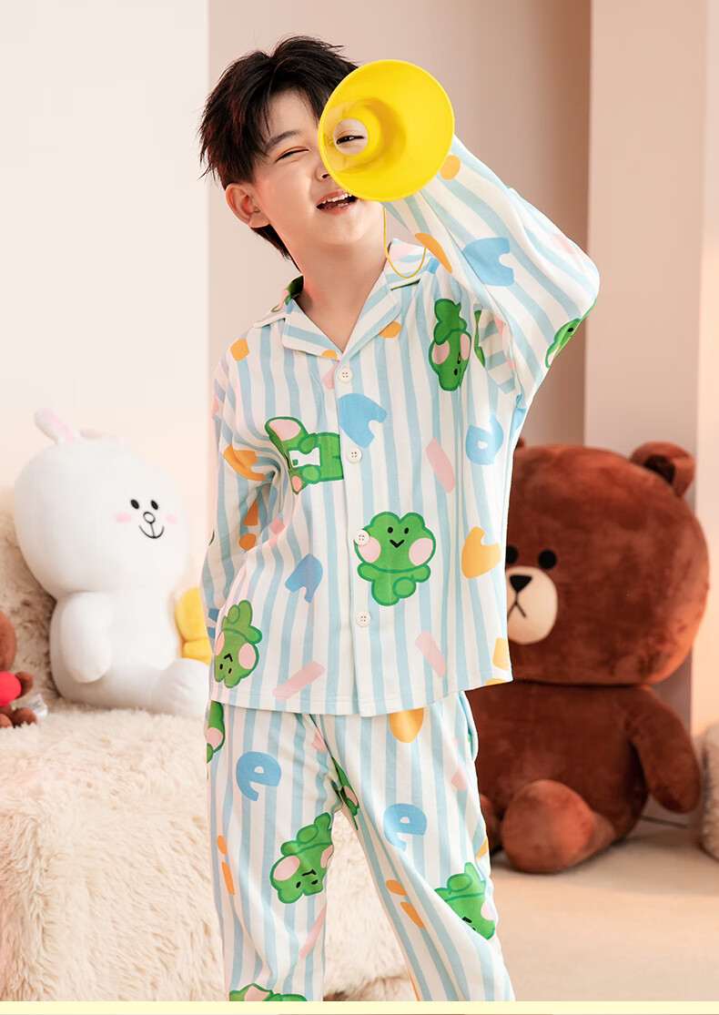 Fenteng Children's Pajamas, Boys' Brown Bear Design, Authentic Early Spring Pure Cotton Striped Sleepwear for Older Childre 5