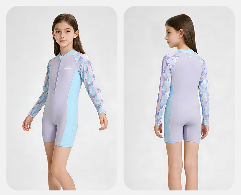 LI-NING Youth Girls' One-Piece Long Sleeve Surfing Swimsuit Five-Point Professional Training Swimwear 1341 Blue Purple Size 160 8