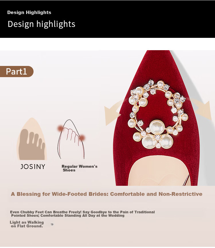 Josiny Chinese Style Wedding Shoes for Women, Xiuhé Main Wedding Dress, Dual Wear, Comfortable, Red Pointed Low Heel Bridal Shoes, Red, Size 36 3