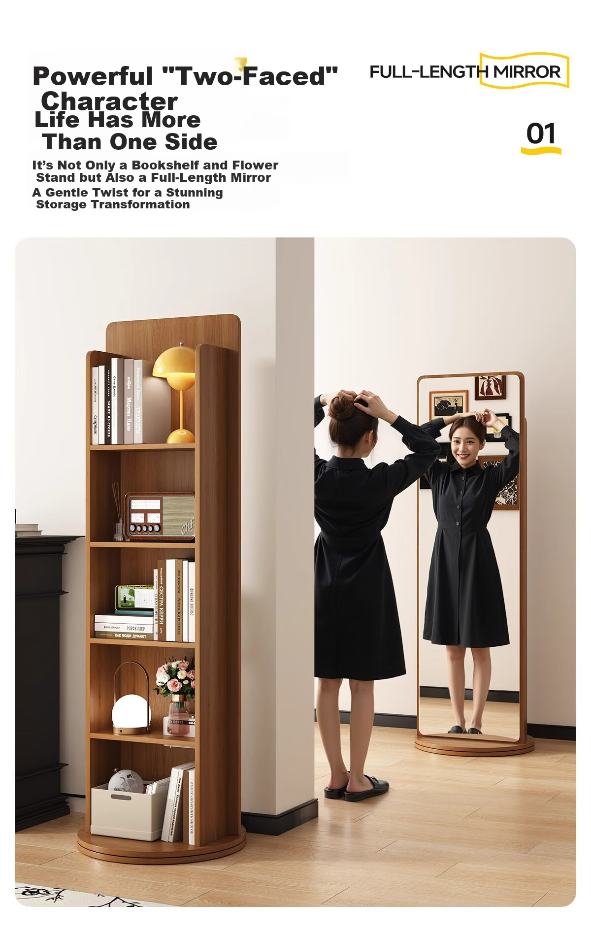 Millennium Mansion Rotating Storage Dressing Mirror Full-Length Floor Mirror with Magazine Rack Rotating Storage Fitting Mirror 165*36 White 4