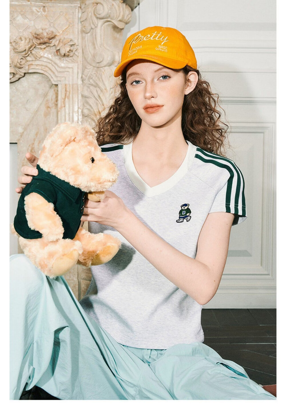ICH MODE Raglan Stripe V-Neck Short Sleeve T-Shirt Women Summer Bear Series Sorona Cooling Top Black M 25