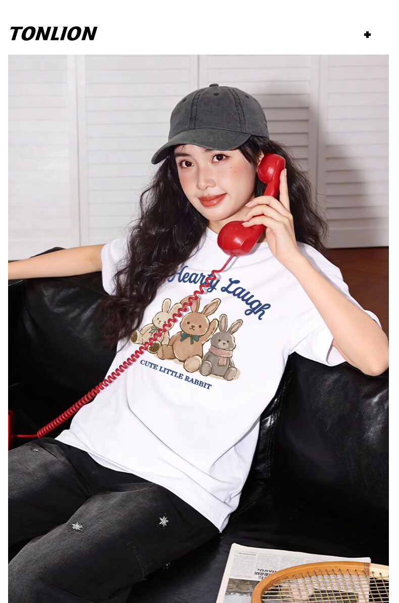 TonLion Women's Pure Cotton Short Sleeve T-Shirt, Round Neck, Loose Fit, Heavyweight Casual Trendy Cartoon Design Sweatshirt 10