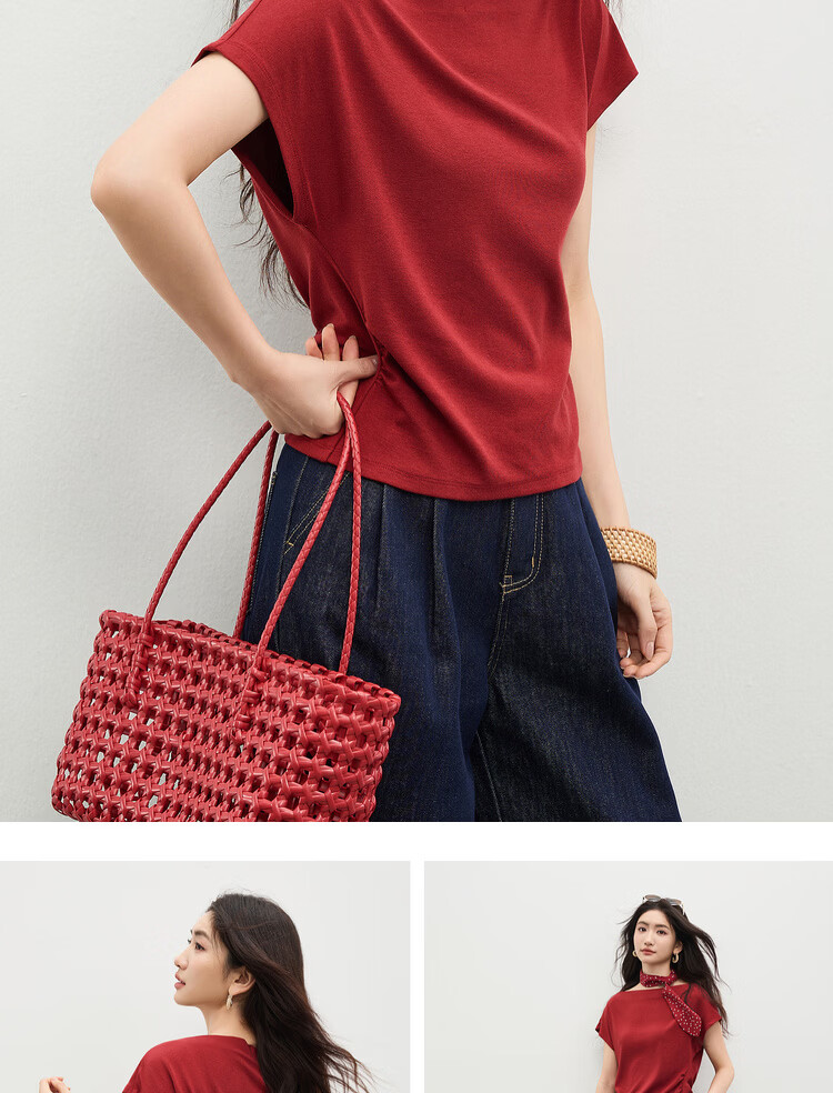 Shangdu Bila Back Waist Hollow Out Pleated Cotton Blend T-Shirt Women Spring Summer Petite Raglan Short Sleeve Slim Fit Top 11