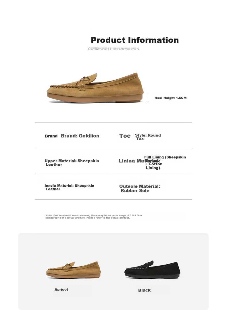 Goldlion Women's Shoes 2026 Spring Bowknot Comfortable Flat Loafers Slip-On G608610132 Apricot Size 37 7