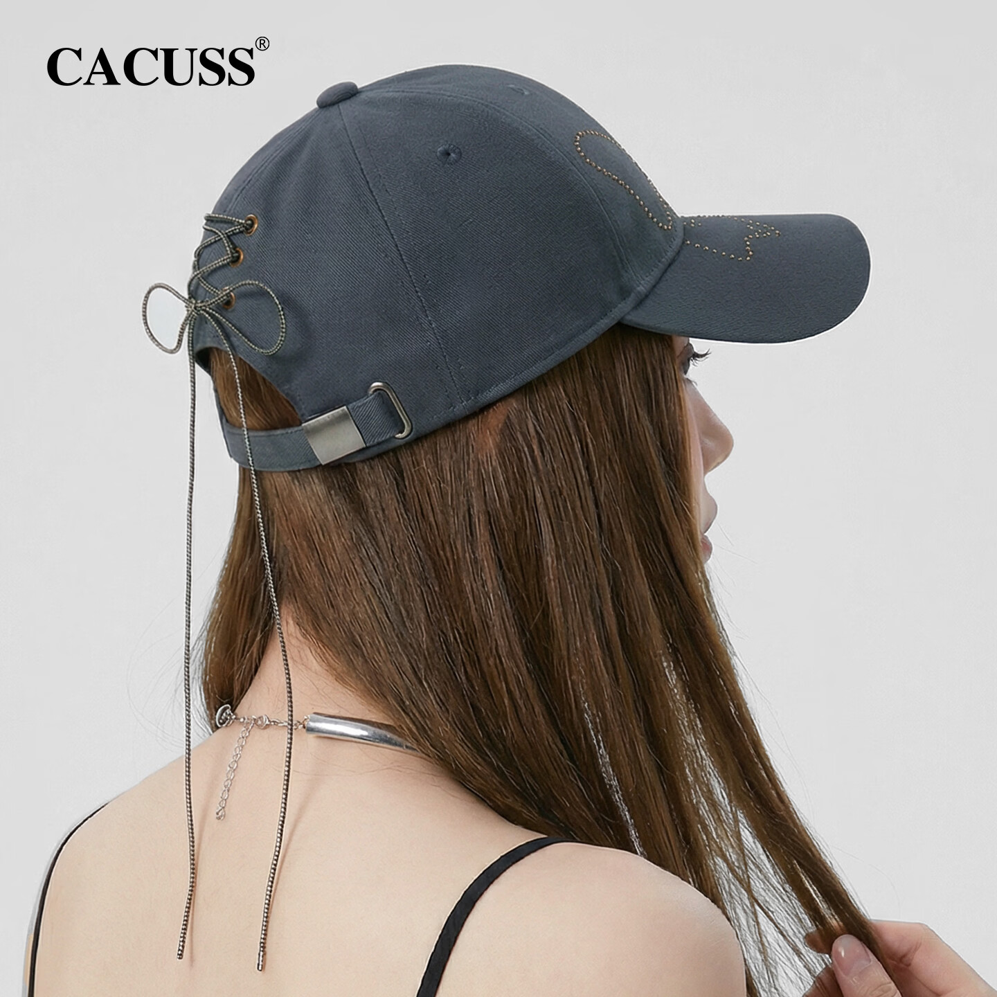 CACUSS Women's Baseball Cap Butterfly Rhinestone Cotton Soft Top Face Slimming Adjustable Strap Dark Gray