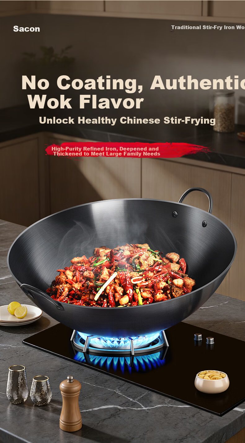 Sacon Commercial Double-Handle Iron Wok Hand-Forged Stir-Fry Pan No Coating Home Cooking Round Bottom Gas Stove 60cm with Lid 1