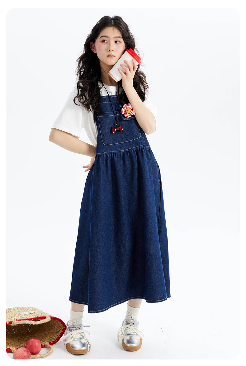 Fulomi Girls' Summer New Fashionable Casual Loose Denim Suspender Dress Blue 150cm 9