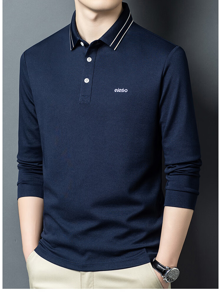 Edenbo Men's Long Sleeve Polo Shirt Cotton Mulberry Silk Black 185/100A (3XL) 12