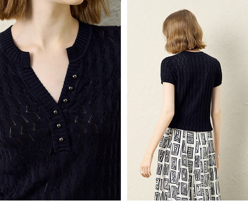 Yanyu Black Slim Fit Knit Top Women 2026 Summer High-End Vintage Style Short Sleeve Half-Open Collar Shirt Black S 13