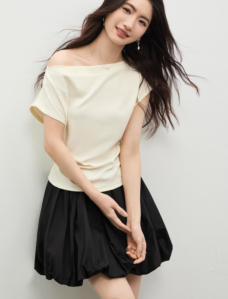 Shangdu Bila Back Waist Hollow Out Pleated Cotton Blend T-Shirt Women Spring Summer Petite Raglan Short Sleeve Slim Fit Top 16