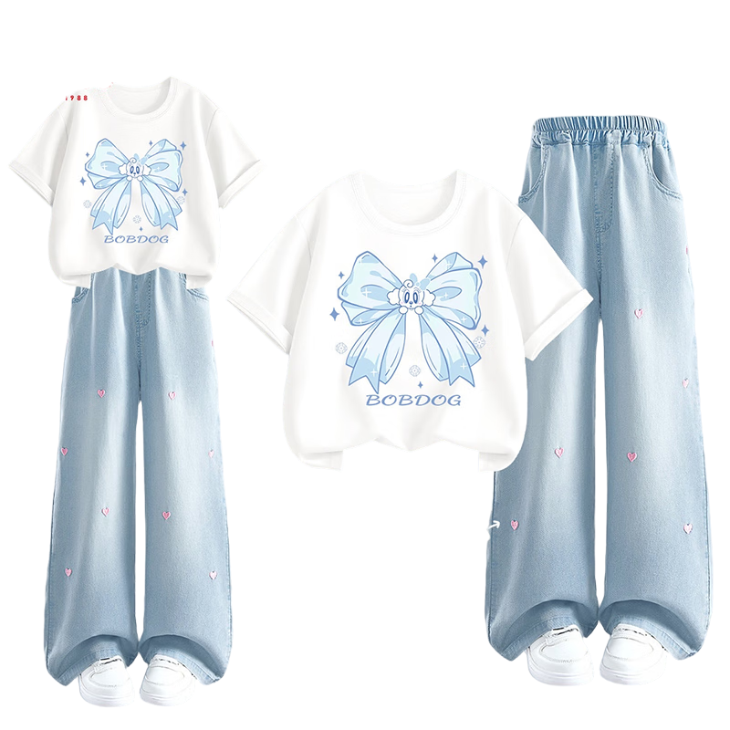 BOBDOG Girls Summer Outfit New Thin Short Sleeve T-Shirt and Pants Set White+Light Blue 170