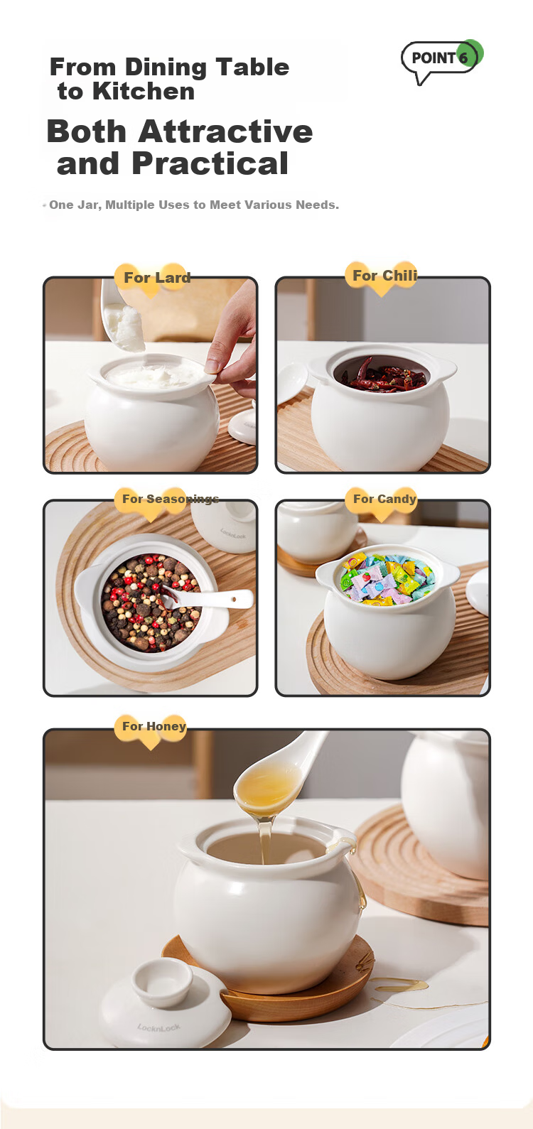 LOCK&LOCK High-Temperature Resistant Ceramic Lard Jar with Lid 700ML Chili Oil Container Spice Jar Oil and Salt Seasoning Jar 7