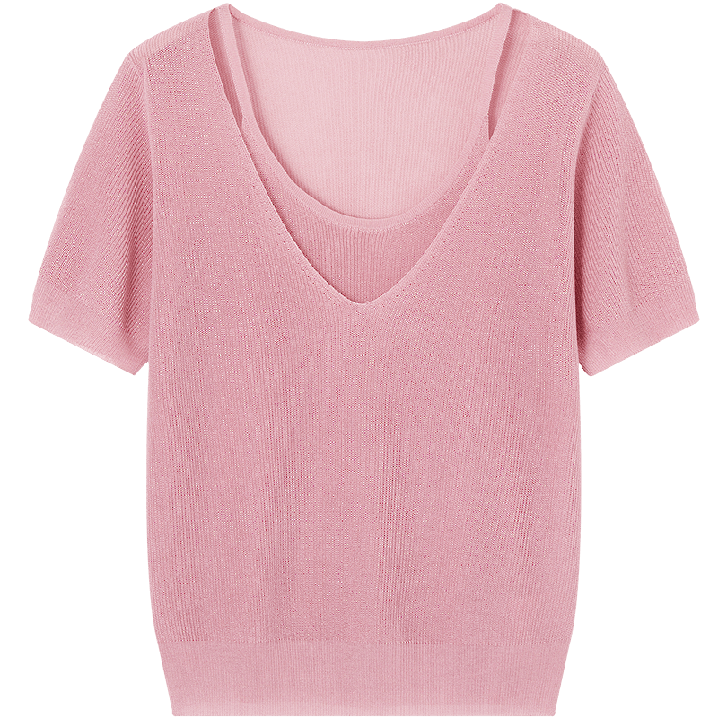 Demana [Breathable Tencel] Spring Design Fake Two-Piece Short Sleeve Sweater Gentle Slimming Women's Knitwear