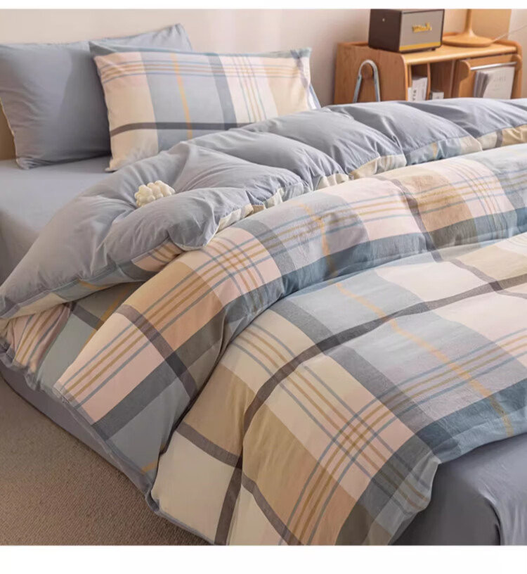 MUJI 100% Cotton Four-Piece Bedding Set Antibacterial AB Version Double-Sided Sheet and Duvet Cover 200x230cm 1.5/1.8m Bed British Blue Plaid 8