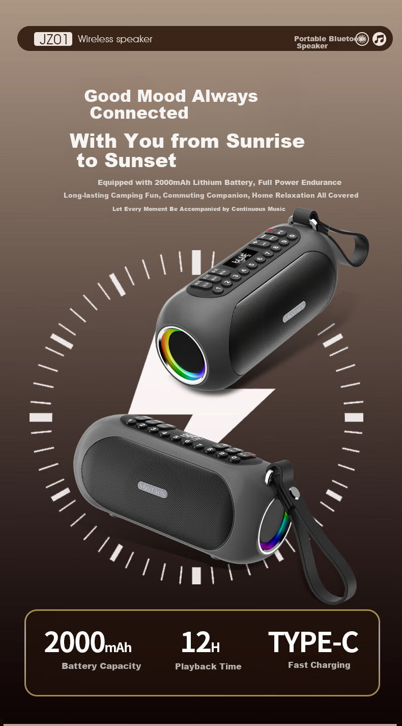 Jinzheng JZ03 Bluetooth Speaker IPX5 Waterproof Outdoor High Volume Deep Bass Cool Lighting Home Desktop Portable Long Battery Life Wireless Speaker Elegant Blue 8