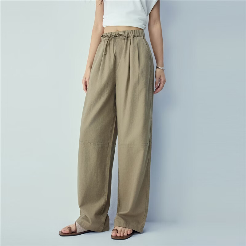 Giordano Women's Summer Linen Pants Cotton Linen Elastic Waist Loose Straight Casual Trousers 05416311