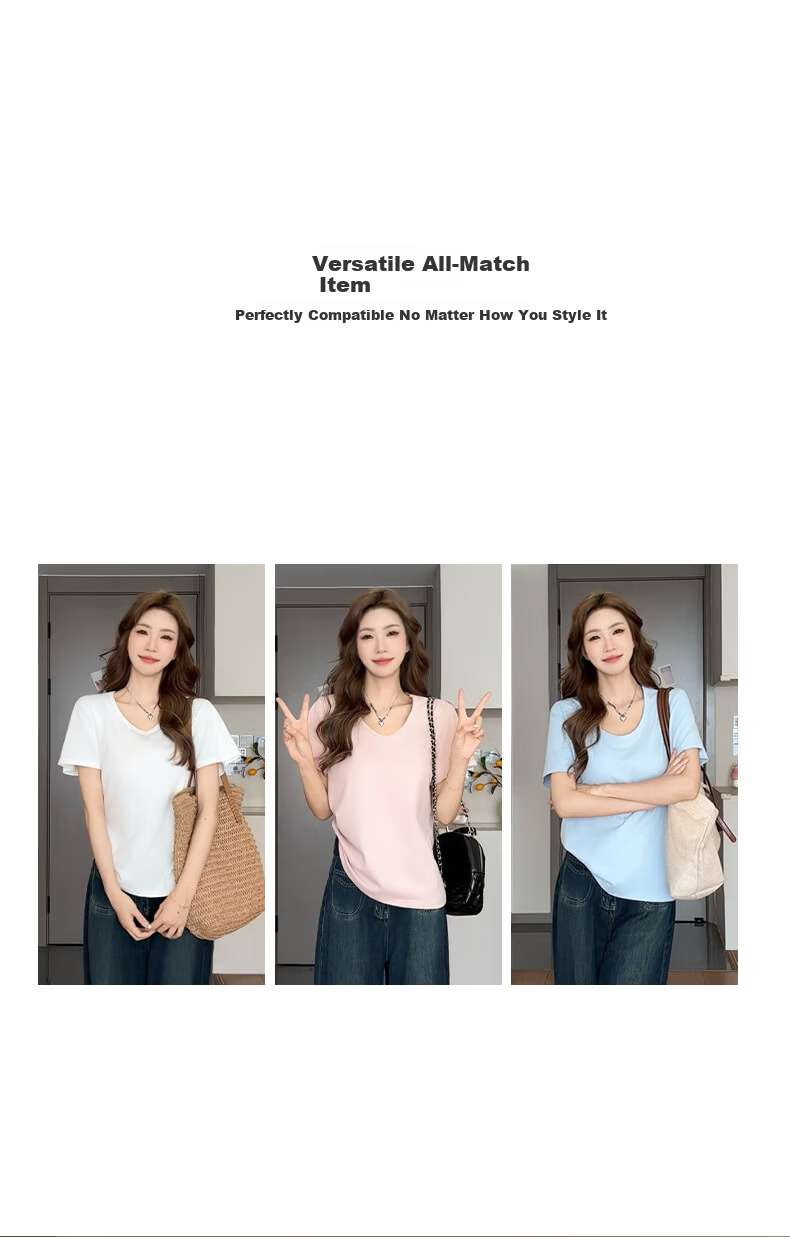 Ziyouxi Women's Cotton Short Sleeve T-Shirt 2025 New Pink U-Neck Loose Summer Casual Solid Color Relaxed Fit 6