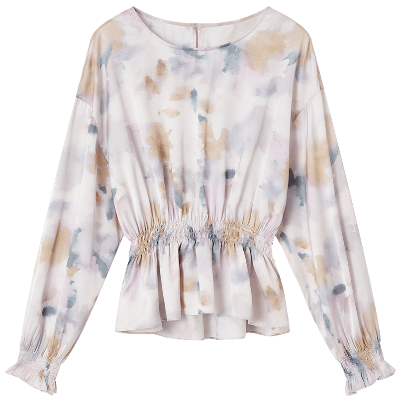 Demana [Floral Melody] Spring Gentle Style Round Neck Printed Ruched Ruffle Hem Loose Fit Petite Women's Shirt