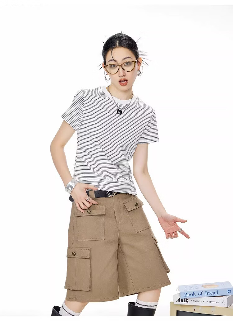 ICH MODE American Style Striped Slim Fit Short Sleeve T-Shirt for Women 2026 Summer New Hot Slim Shoulder Short Top White S 29