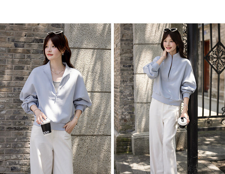 MT Spring Sports Casual 350G Air Layer Half-Zip Loose Sweatshirt for Women with Reversible Collar 11