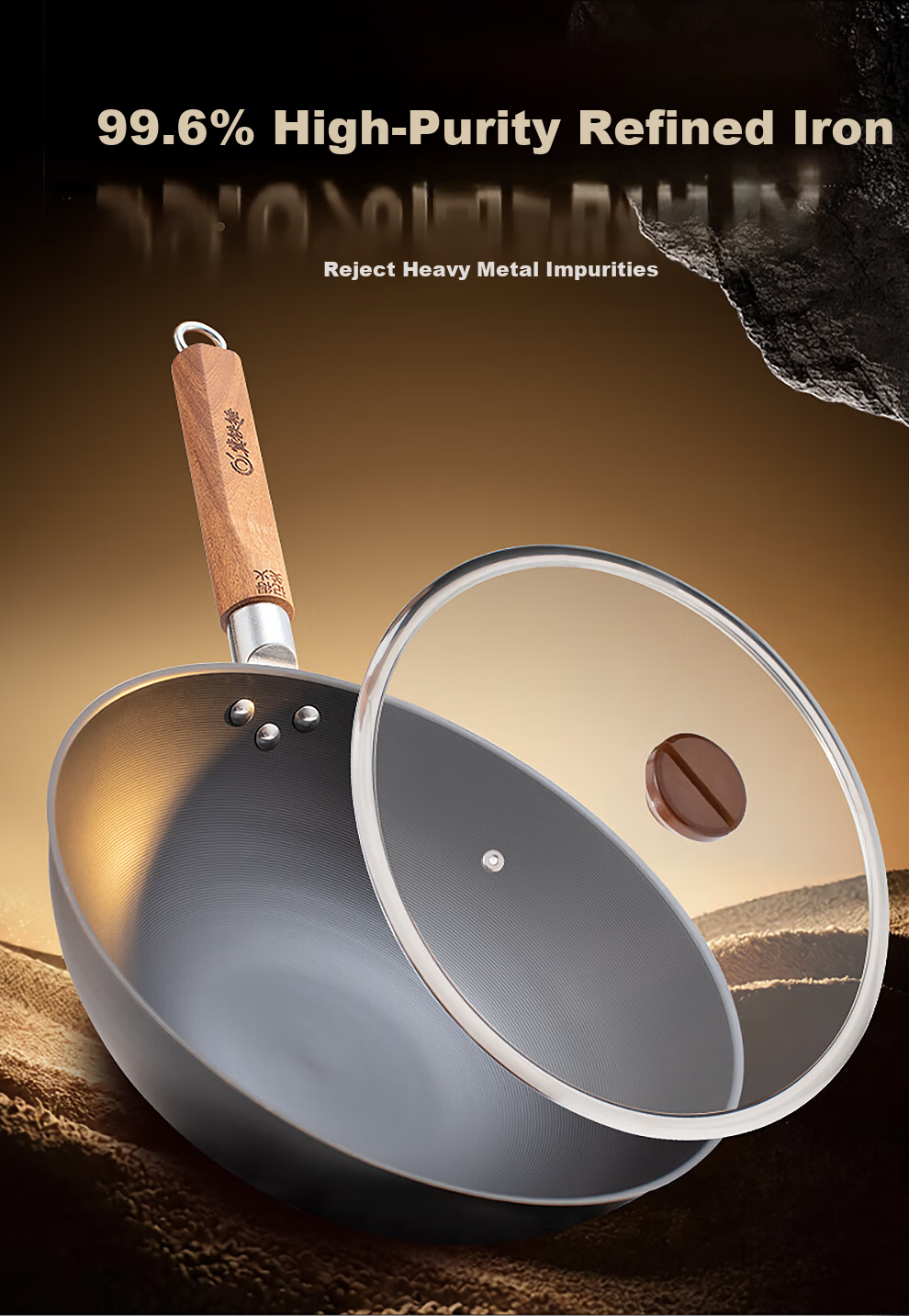 Ji Iron Hammer Cast Iron Wok Non-Stick Round Bottom 34cm Rust-Resistant Open Flame Cooking Pan 6