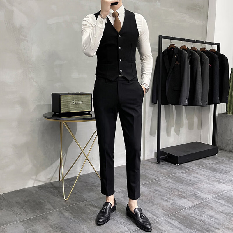 ROMON Men's Business Suit Set Blazer + Vest + Trousers Black 2XL