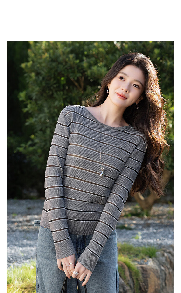 Demana [Smart Sense Academy] Spring Retro Striped Jacquard Color-Block Stretchy Slim Fit Women's Knit Sweater 11