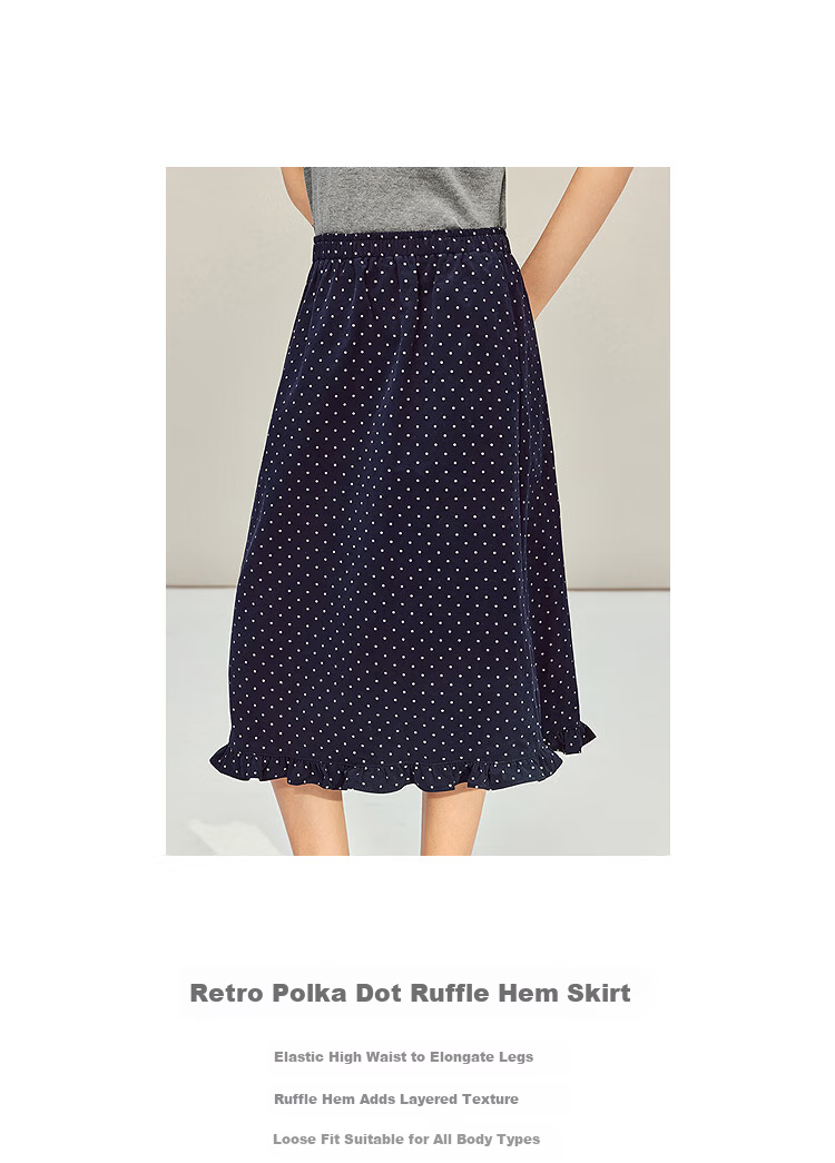 INMAN Vintage Polka Dot Ruffle Hem Cotton A-Line Skirt Blue White Dots L Spring 2026 Women's New 3