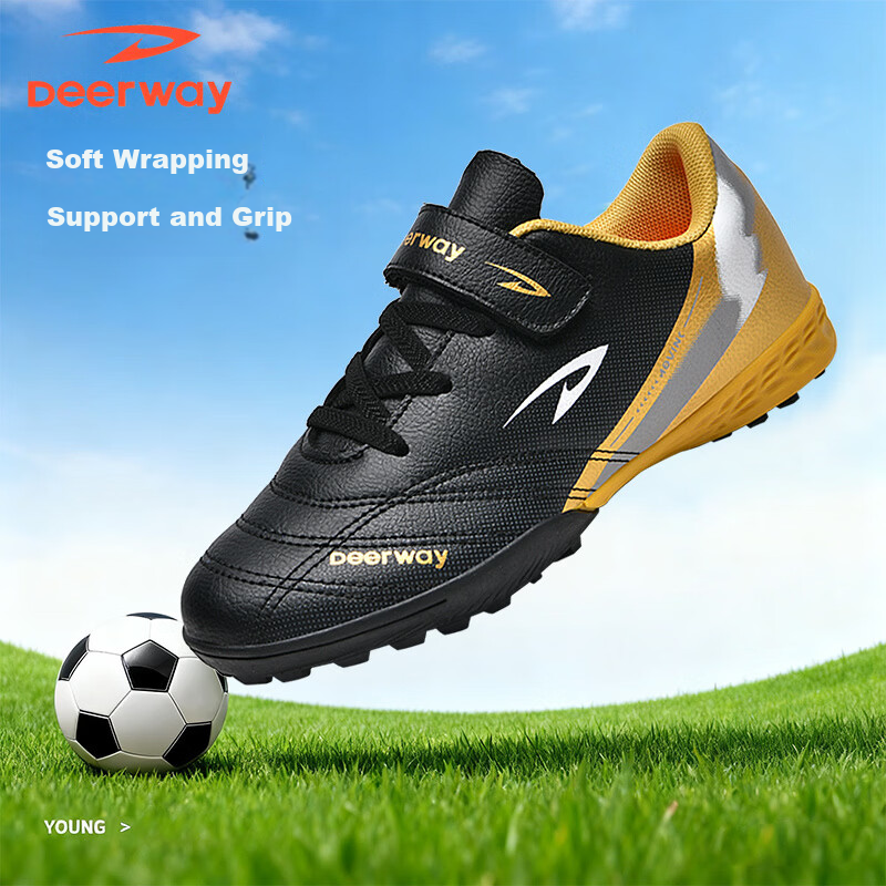DEERWAY Kids Soccer Shoes Velcro Slip-On Boys Girls Primary School TF Turf Non-Slip Wear-Resistant Black Gold Size 39