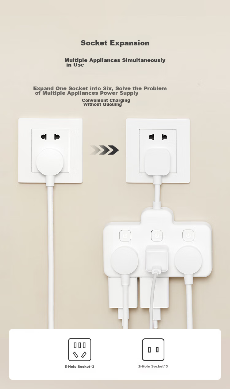 JD Original Flexible Conversion Plug / Delta-Shaped One-To Socket, 6-Outlet Controlled Extension Cord Socket, Smart Socket, Compatible with Gou Niu Multi-Plug Table Lamp Socket 3