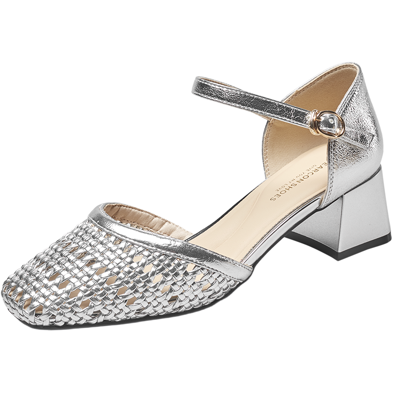 Eierkang Women's French Hollow Woven Mary Jane Shoes with Chunky Heel and Closed Toe Sandals Silver 38 29865W
