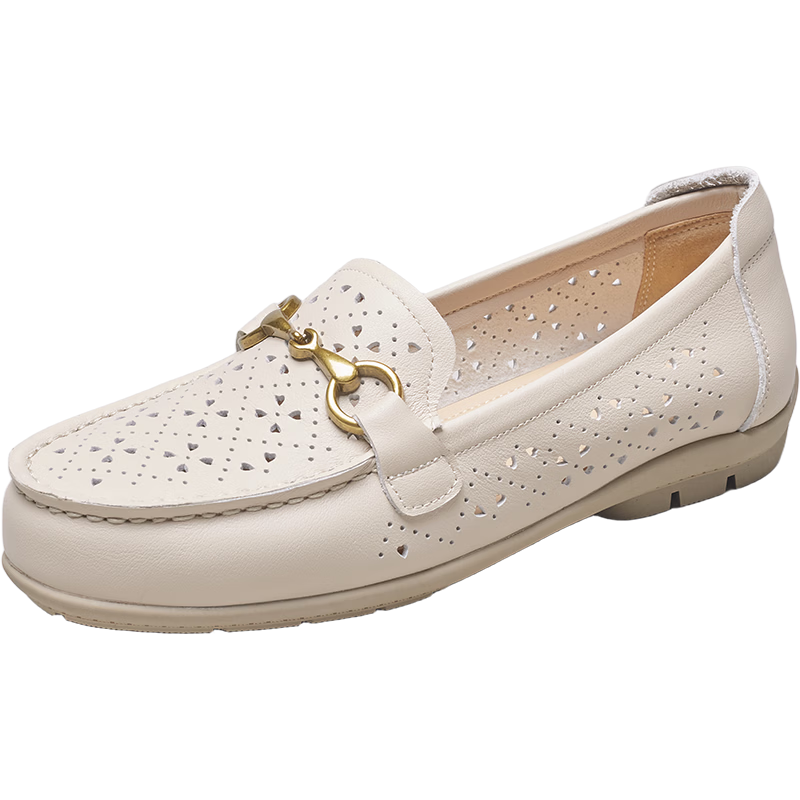 Eierkang Women's Genuine Leather Hollow Breathable Soft Sole Loafers Large Size Mom Shoes 27614W Off-White 37