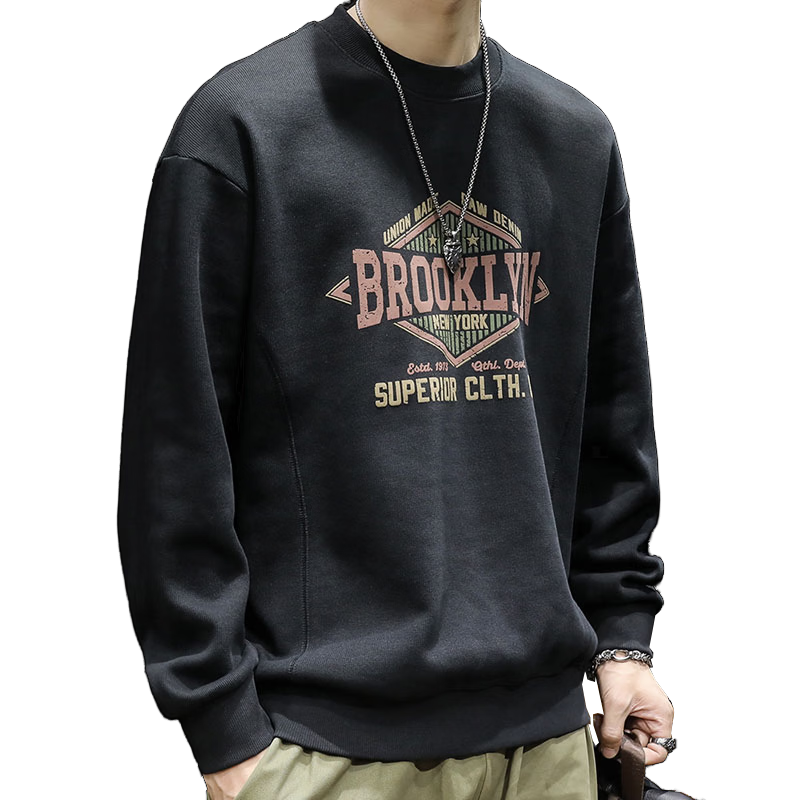 JEEP SPIRIT Heavyweight Crewneck Sweatshirt Men Spring Trendy Brand Printed Plus Size Long Sleeve Shirt Dark Gray 2XL