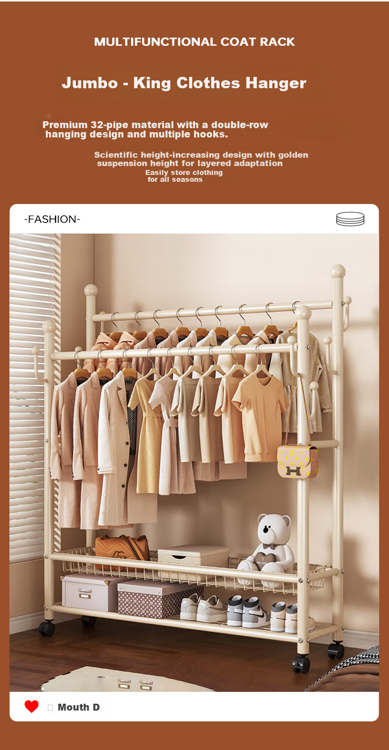 Yaoying YJ21 White Double-Layer 100cm Mobile Floor Standing Coat Rack Clothes Hanger 3