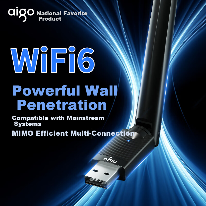 Aigo WiFi6 Smart Driver-Free USB Wireless Network Adapter for Desktop and Laptop with External High-Gain Antenna Portable WiFi Receiver Wireless WiFi Transmitter