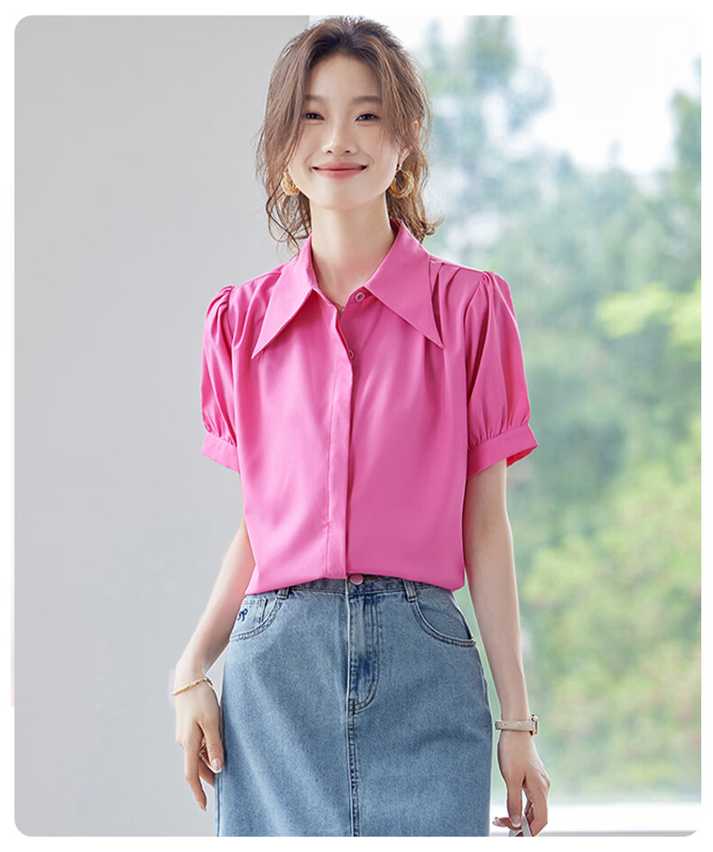 Jeanswest Women's Summer Vintage High-End Short Sleeve Loose Fit Versatile Professional Solid Color Shirt, Rose Red, Size L 4
