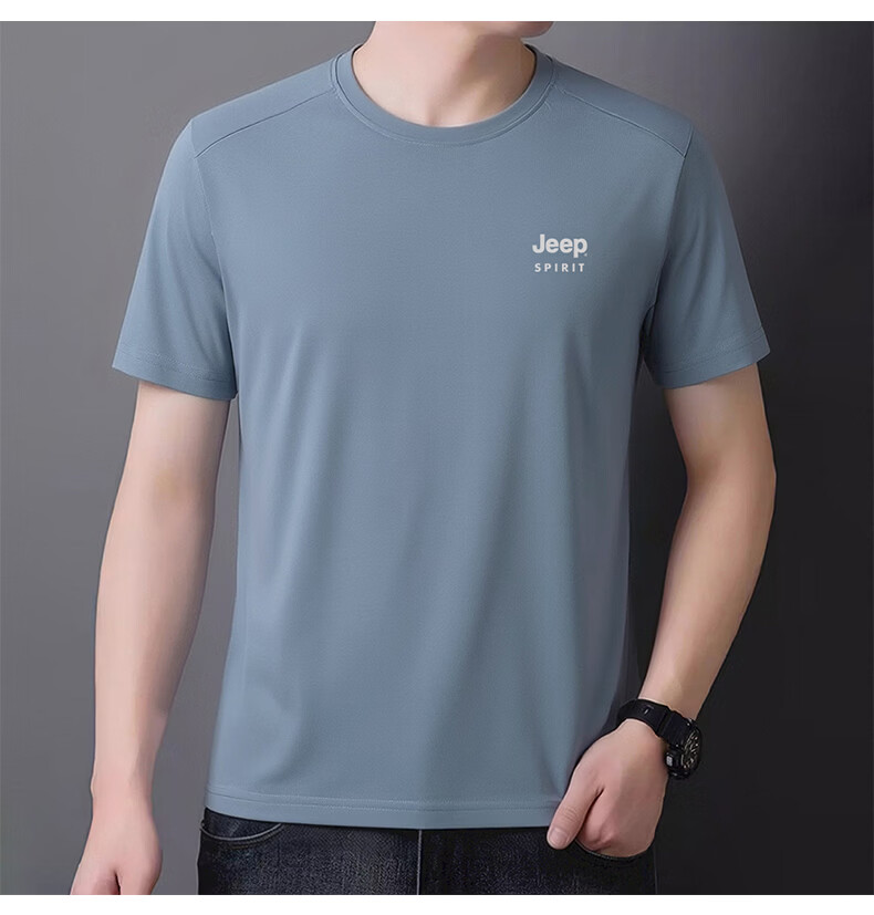 JEEP SPIRIT Men's Short Sleeve T-Shirt Summer Ice Silk Running Fitness Sports Quick-Dry Breathable Top White M 12