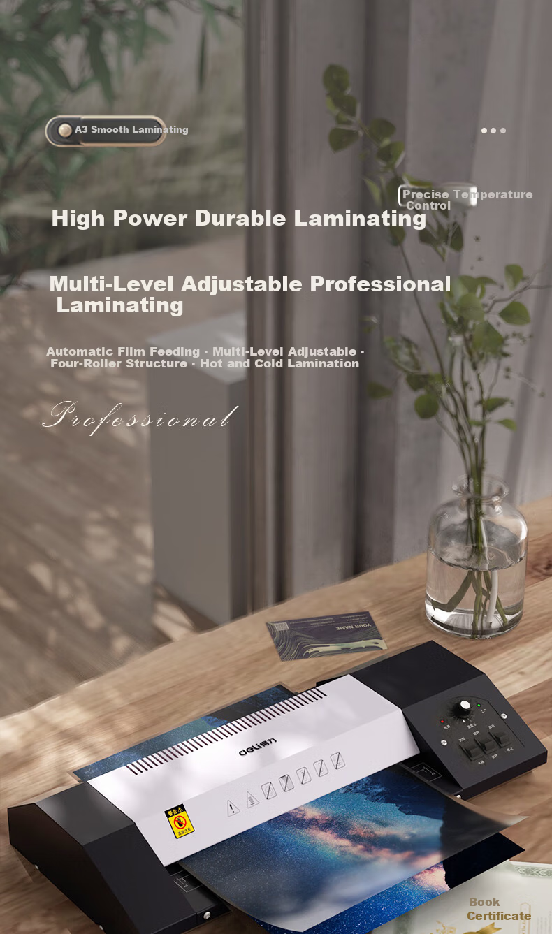Deli A3/A4 Commercial Office Laminator Multi-Setting Adjustable Film Laminating Machine All-Metal High-Power Durable Laminator Automatic Film Feed and Return Photo Document Laminator 3890 1