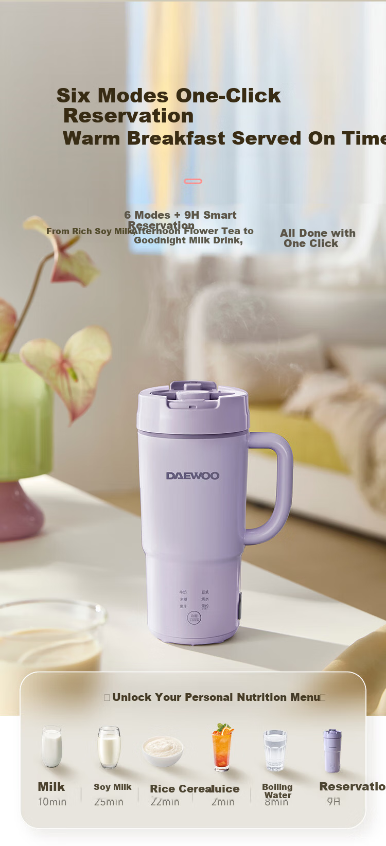 DAEWOO Mini Soy Milk Maker for 1-2 People Fully Automatic No-Cook No-Filter Household Blender Portable Electric Kettle Juicer SM25 Purple 6