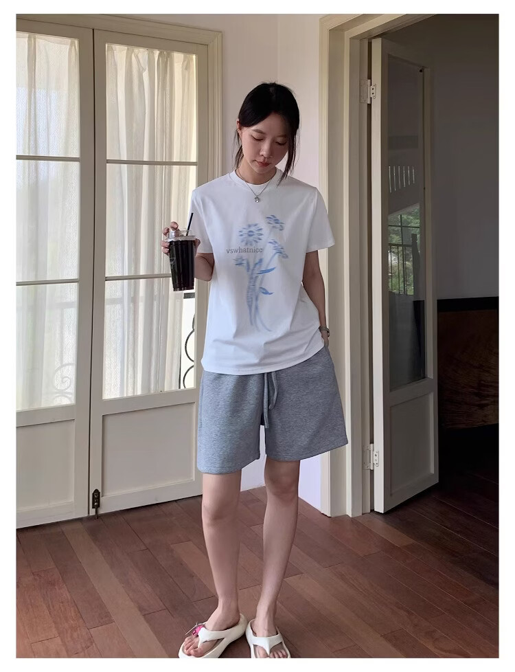 ICH MODE Floral Print Short Sleeve T-Shirt Women Spring Autumn New Korean Style Beautiful Shoulder Tee Navy Blue S 16