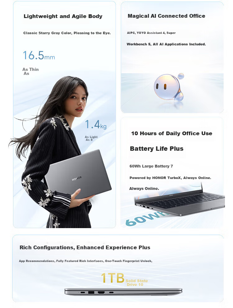 HONOR MagicBook Pro16 2025 AI Lightweight High-Performance Business Laptop U5-225H 32GB 1TB 3K Display Gray with Yihaodian Mouse Pad Set 3