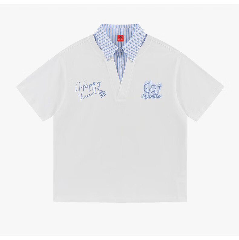 Charles Heart Contrast Collar Couple Pure Cotton Short Sleeve Polo Shirt with Playful Puppy Print Unisex Off-White XS 19